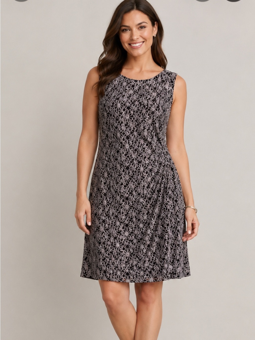 Chic Black Lace with silver metallic floral design Midi Dress size 14